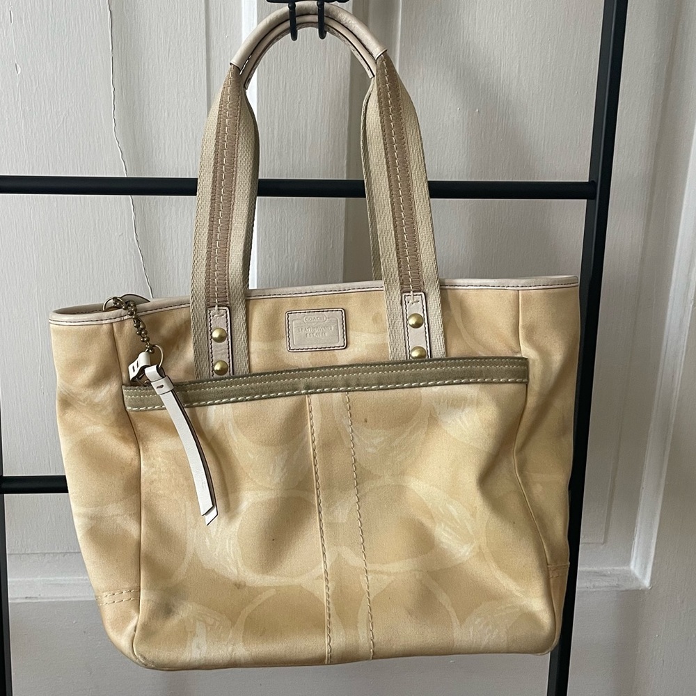 Vintage Coach signature print tan suede handbag 2007 AS IS